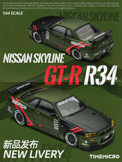 TM 1:64 Skyline GT-R R34 Matte Green Alloy Simulation Car Model