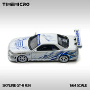 TimeMicro 1:64 天际线 GT-R R34 “漂移火焰” 白色合金仿真模型