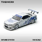 TimeMicro 1:64 天际线 GT-R R34 “漂移火焰” 白色合金仿真模型