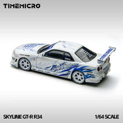 TimeMicro 1:64 天际线 GT-R R34 “漂移火焰” 白色合金仿真模型