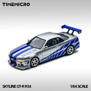 TM 1:64 天际线 GT-R R34 银蓝色合金模型车