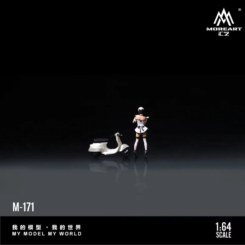 Huiyi MoreArt 1:64 White Scooter Motorcycle Female Servant Figure, Resin Model